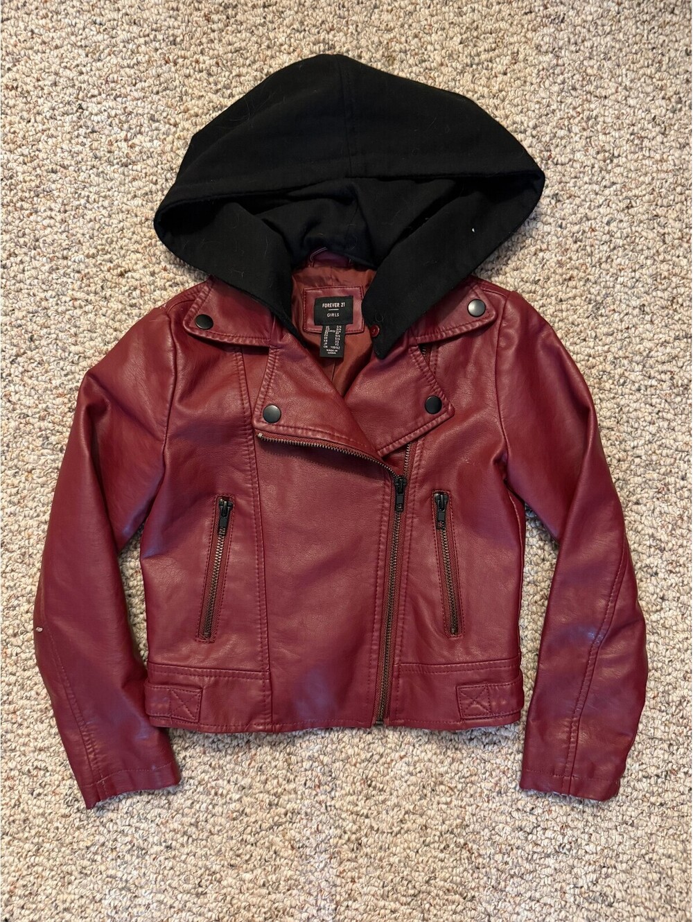 Forever 21 burgandy faux leather black hooded moto jacket